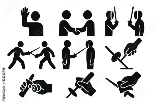Stick figure icons of fencing and interaction in silhouette style