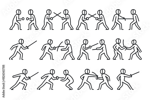 Stick figure sword fighting sequence - minimalist linear art