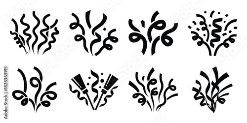 Illustration of the new year festive streamers silhouette vector icon set. happy New Year 2026 vector icons