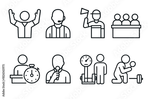 Minimalist icon set depicting business and sports activities in linear style
