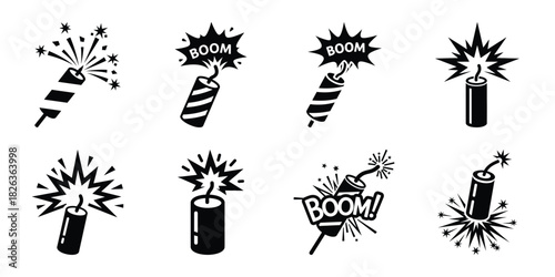Illustration of the new year firecracker boom silhouette vector icon set. happy New Year 2026 vector icons