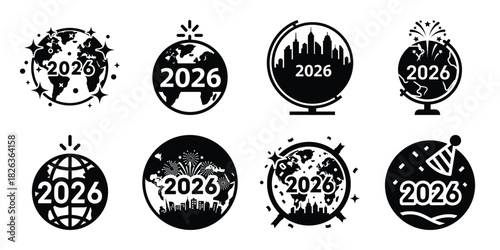 Illustration of the new year globe silhouette vector icon set. happy New Year 2026 vector icons