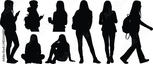 Silhouettes of young women in various poses standing, sitting, walking, and using mobile phones, isolated on