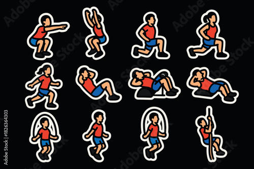 Dynamic fitness set: cartoon style workout poses for exercise enthusiasts
