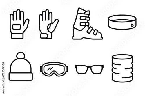 Winter sports gear icons in minimalist design for outdoor activities