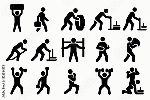 Workout icons set featuring fitness silhouettes in action poses