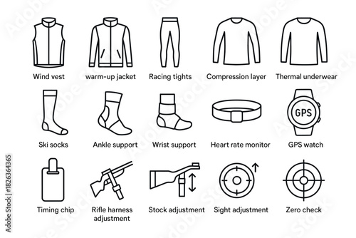 Winter sports gear icons: essential outfits and equipment for cold weather activities