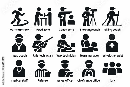 Silhouette icons of coaching and sports roles for recreational guides