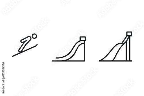 Linear icons of ski jumping silhouette and construction elements in minimalist style