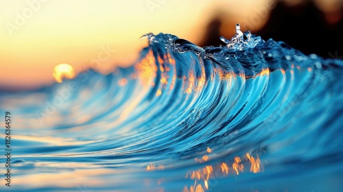 Fototapeta Naklejka Na Ścianę i Meble -  A close-up of a translucent ocean wave cresting and breaking, with the sun setting in the background casting a warm golden glow on the water.