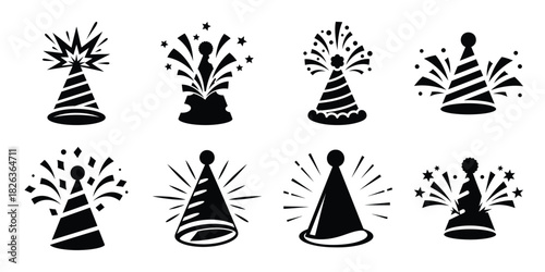 Illustration of the new year party hat burst silhouette vector icon set. happy New Year 2026 vector icons