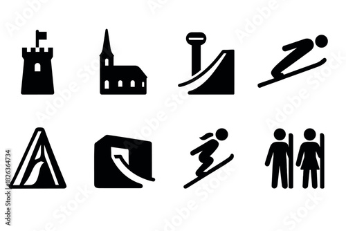 Winter sports and travel icons: silhouette collection of skiing, buildings, and symbols