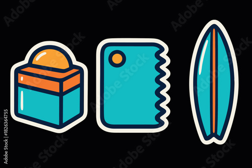 Colorful cartoon stickers of gift box, notebook, and surfboard on black background