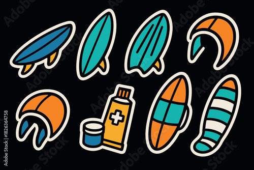 Colorful surfing elements on black background