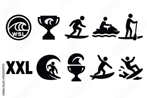 Surfing icons set featuring trophies, surfers, and waves in black silhouette style