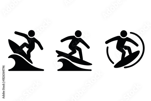 Surfing silhouette icons: dynamic wave rider symbols for active designs