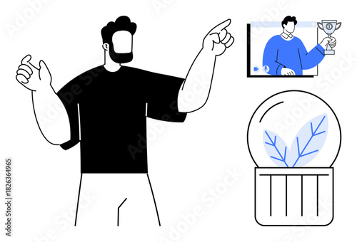 Man gesturing expressively, digital screen showing trophy for achievement, circular container with leaves symbolizing eco-growth. Ideal for business success, leadership, sustainability, goals