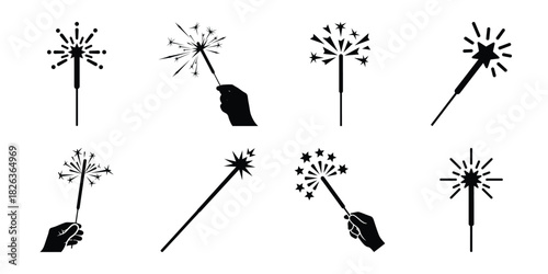 Illustration of the new year sparkler silhouette vector icon set. happy New Year 2026 vector icons