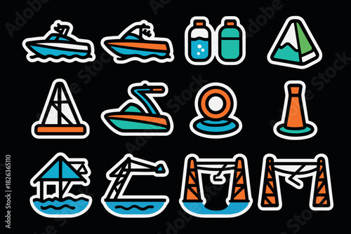 Colorful nautical stickers set with boats and marine equipment