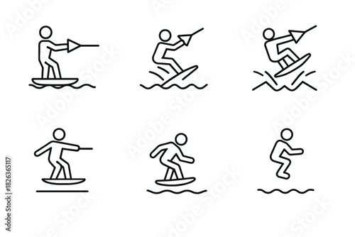 Minimalist line icons of wakeboarding actions set in iconic style