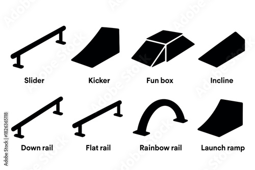 Skatepark ramp silhouettes: rails, fun box, and inclines for extreme sports design
