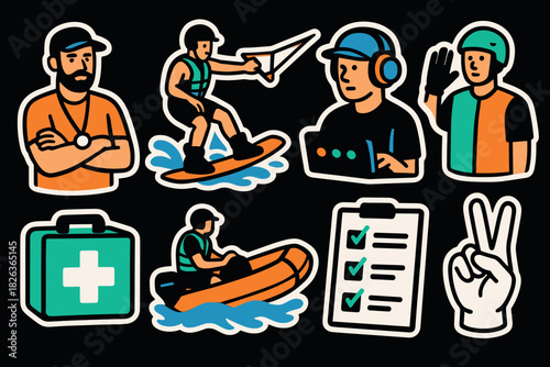 Outdoor adventure icon set with water sports and safety elements in modern style