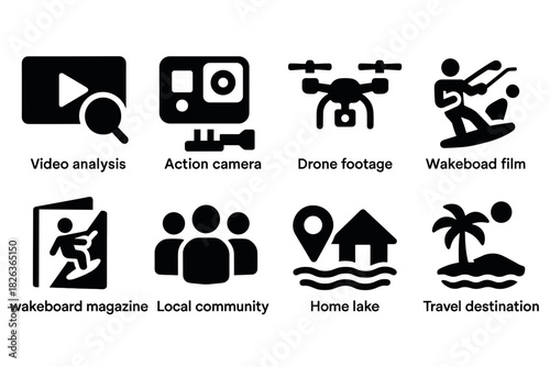 Bold silhouette icons for adventure play analysis and travel