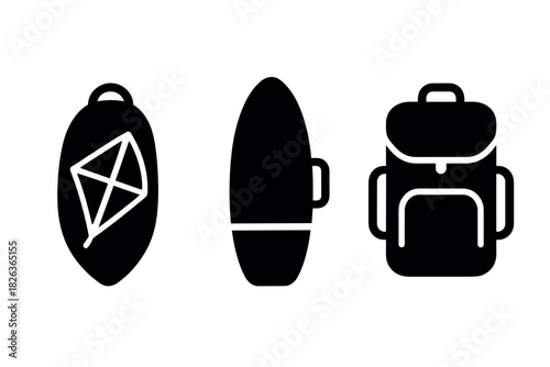 Minimalist icons of kite, surfboard, and backpack for outdoor adventure themes