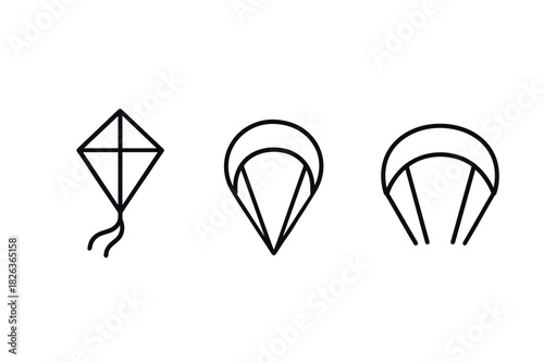Minimalist line icons of kite, parachute, and paragliding equipment