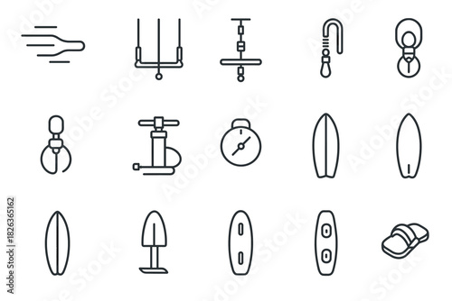 Water sports icons set featuring surfboard, speed, and time elements in linear style