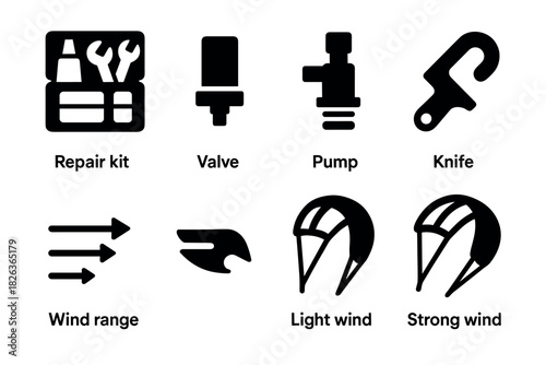 Essential equipment icons for kitesurfing: kit, valve, pump, knife, wind conditions