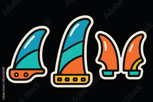 Bright flat design surfboard fins on black background for modern beach art