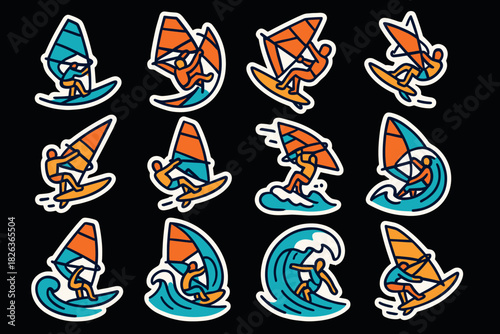 Colorful windsurfing stickers with dynamic line art on dark background