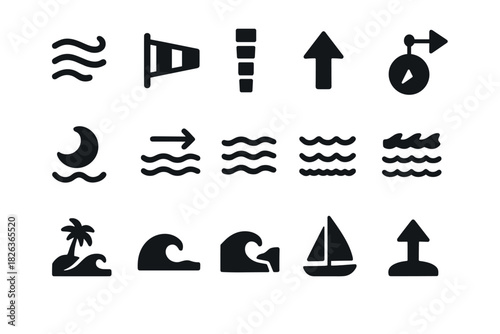 Minimalist weather and nautical symbols: bold icon set for navigation and forecast