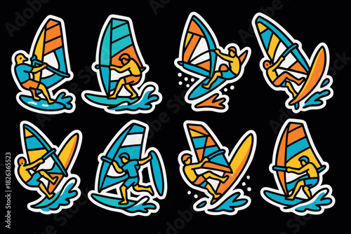 Colorful windsurfing designs featuring dynamic action and vibrant shades