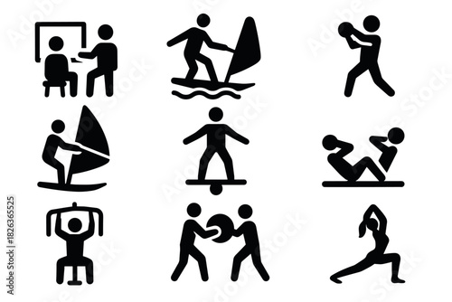 Set of fitness and sport activities in minimalist silhouette style