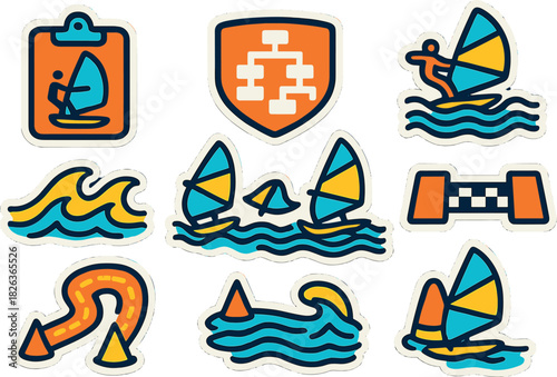 Colorful nautical stickers featuring surfing and sailing icons with waves and checkpoints