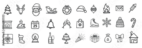 A variety of black and white hand-drawn icons representing Christmas themes, including Santa, trees, gifts, and festive decorations.