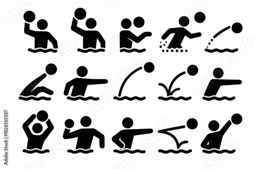 Water polo icons set in minimalist style featuring dynamic action poses and ball movement