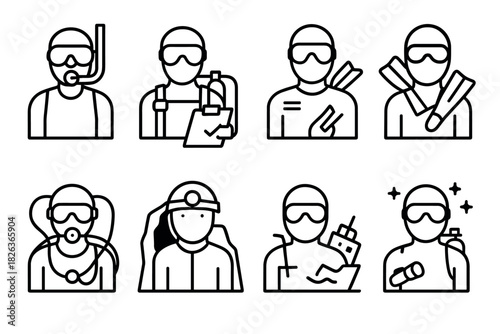 Minimalist icons of divers in various activities and equipment