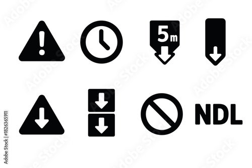 Minimalist black warning and instruction symbols with arrow icons