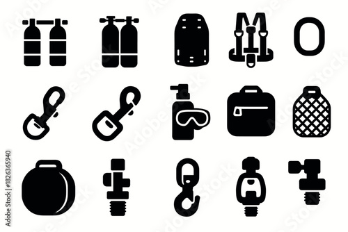 Scuba diving gear icons set: minimalist equipment silhouettes