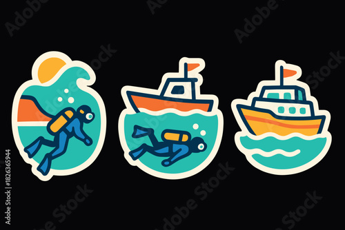 Vibrant nautical adventure stickers with diver and boats