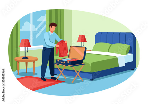 Man unpacking suitcase in a hotel room with a cozy design and indoor background and copy space