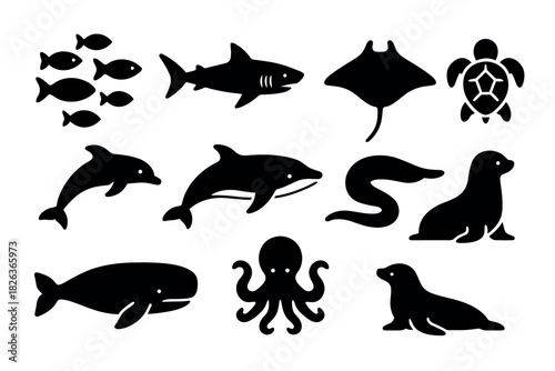 Set of marine animal silhouettes including dolphins, sharks, whales, and more