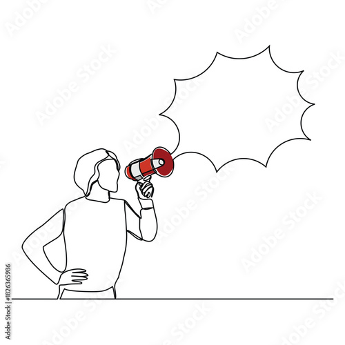 Continuous line sketch drawing of woman holding megaphone speaker with bubble chat. Single line art of sound tool equipment editable stroke vector illustration
