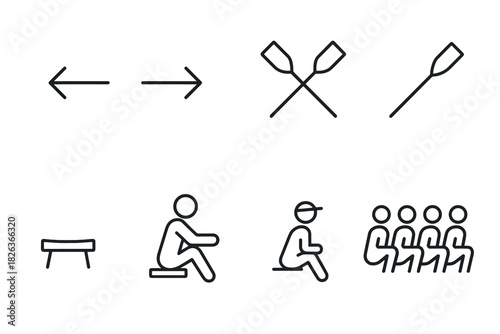 Minimalist icons of rowing and sitting actions in thin line style