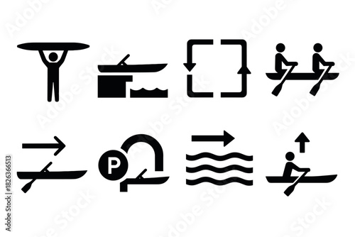 Canoeing and kayaking icons collection: simplified black and white symbols for water activities
