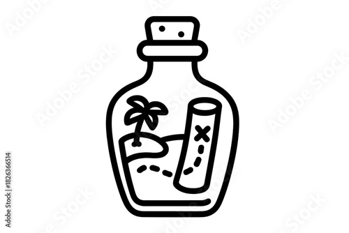 Detailed icon of a tropical island and treasure map inside a message in a bottle