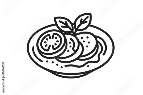 Minimalist black outline of Caprese salad with tomato, mozzarella, and basil